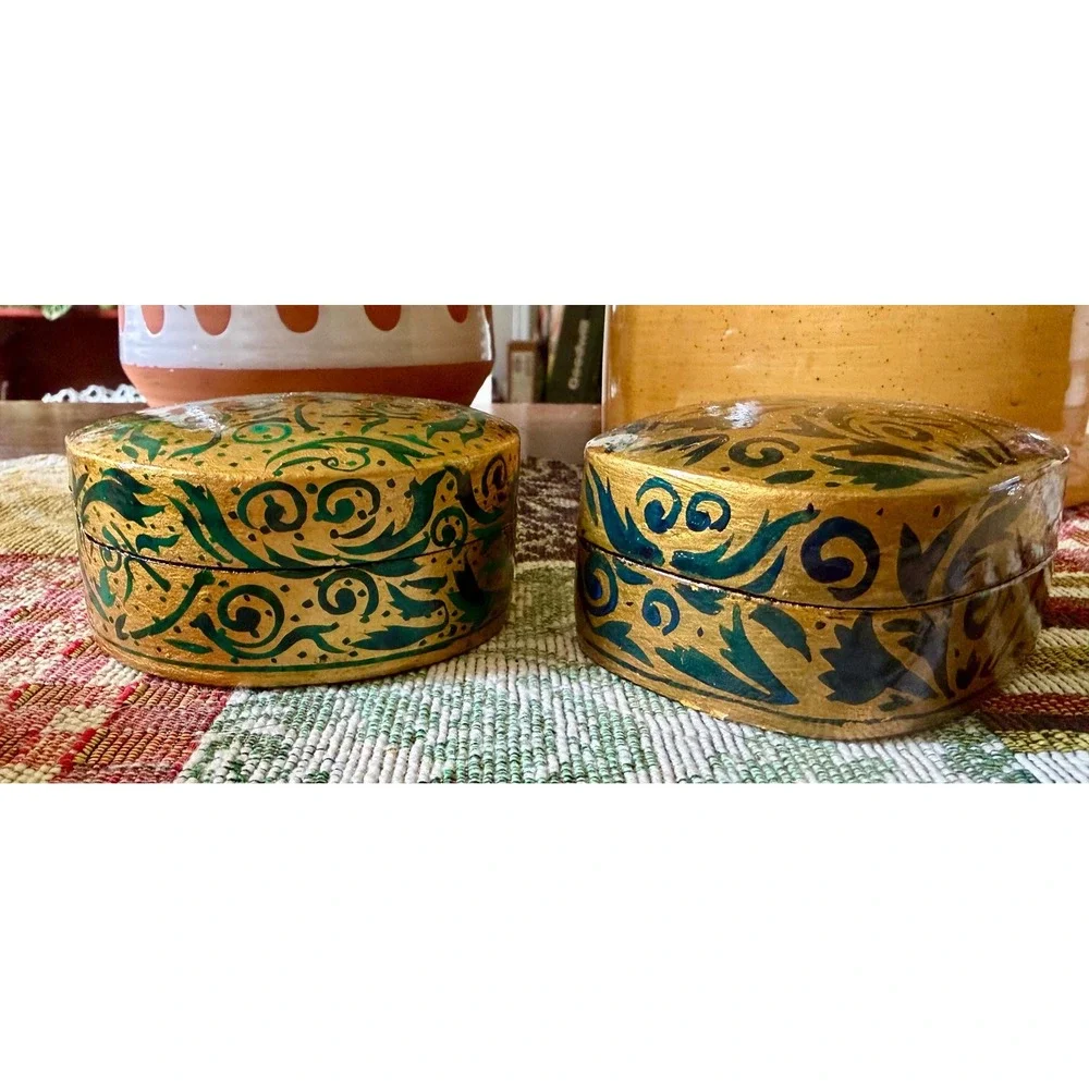 Vintage Hand-Painted Paper Mache Trinket Boxes: Gold Green Floral Scroll